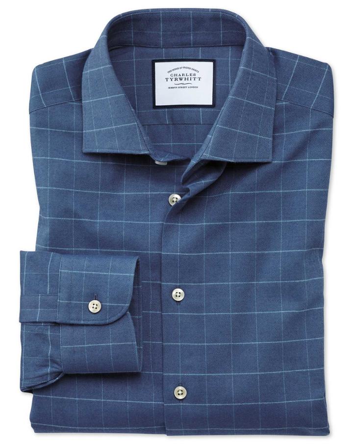  Slim Fit Business Casual Mid-blue Check Soft Cotton Dress Shirt Single Cuff Size 14.5/33 By Charles Tyrwhitt