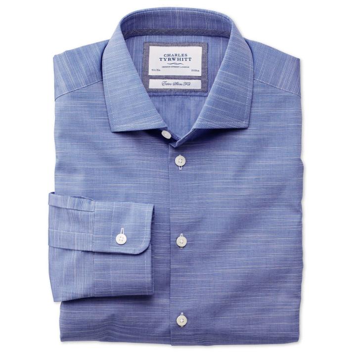 Charles Tyrwhitt Charles Tyrwhitt Blue Slub Plain Business Casual Semi-spread Extra Slim Fit Shirt (14.5 - 33)