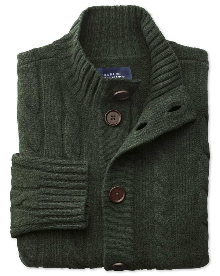Charles Tyrwhitt Dark Green Lambswool Cable Cardigan Size Large By Charles Tyrwhitt