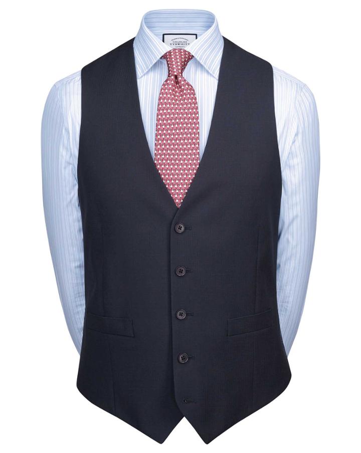  Navy Adjustable Fit Herringbone Business Suit Wool Vests Size W38 By Charles Tyrwhitt