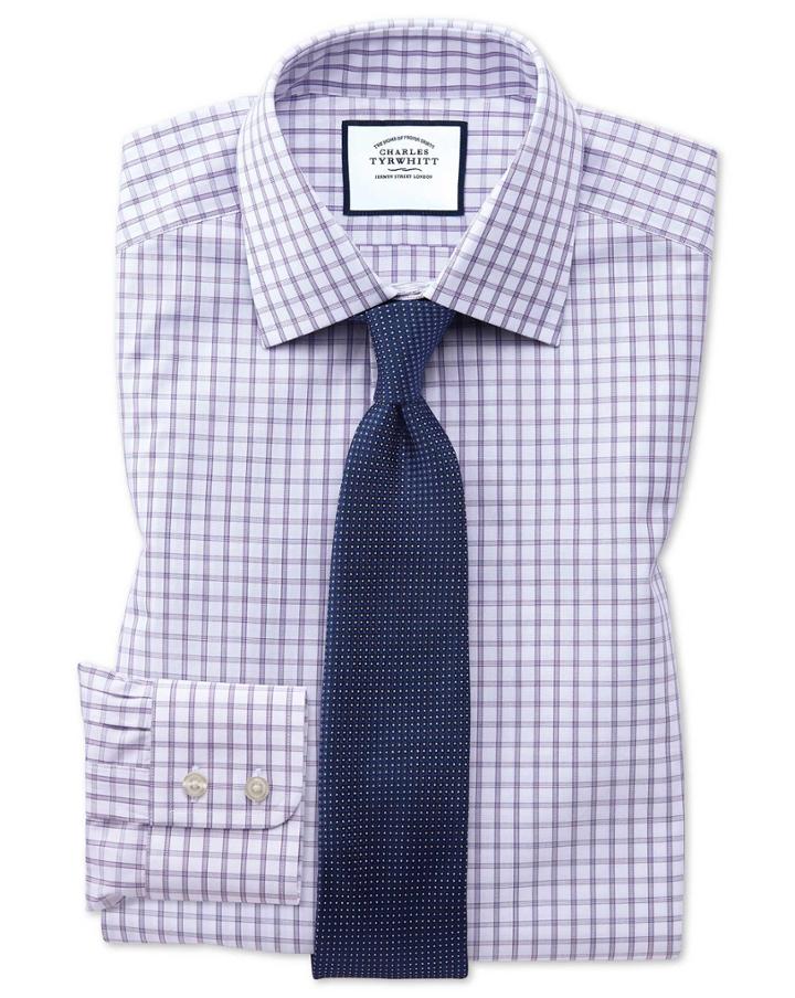  Classic Fit Purple Windowpane Check Cotton Dress Shirt Single Cuff Size 15.5/33 By Charles Tyrwhitt
