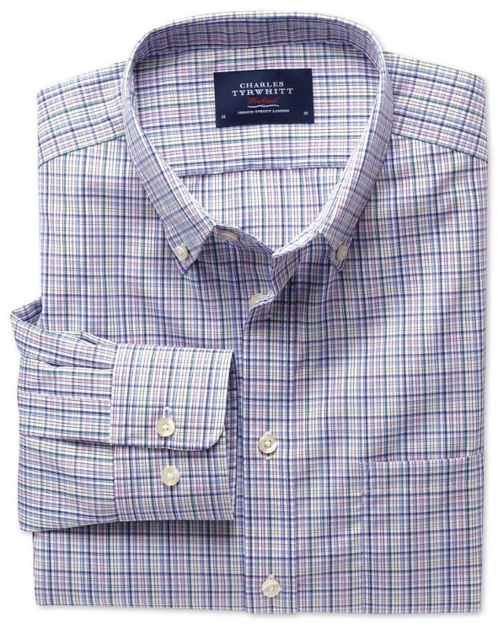 Charles Tyrwhitt Charles Tyrwhitt Classic Fit Non-iron Poplin Green And Pink Check Cotton Dress Shirt Size Small