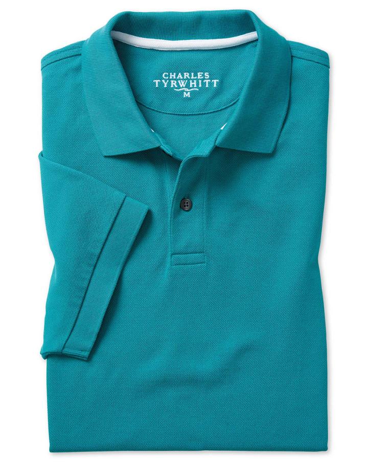  Aqua Pique Cotton Polo Size Large By Charles Tyrwhitt