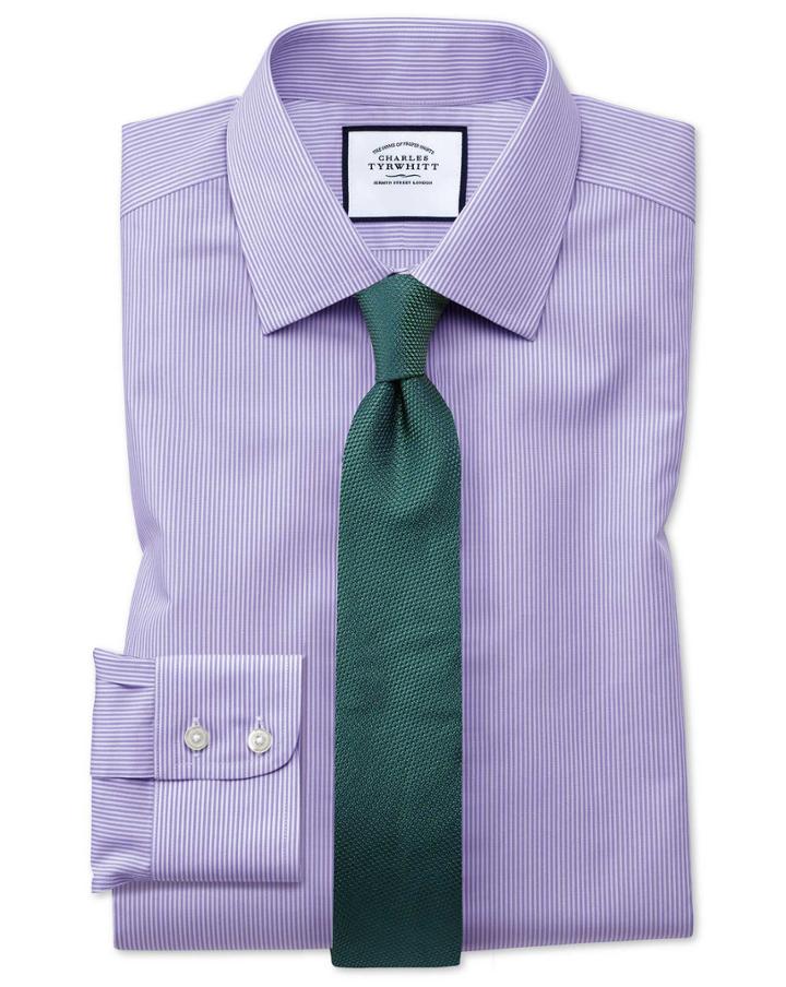  Classic Fit Non-iron Lilac Bengal Stripe Cotton Dress Shirt French Cuff Size 16/33 By Charles Tyrwhitt