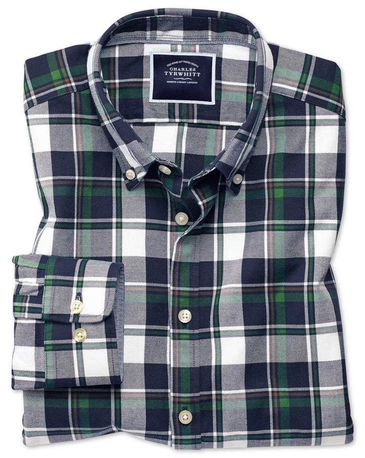 Extra Slim Fit Navy And Green Large Check Washed Oxford Cotton Casual Shirt Single Cuff Size Xl By Charles Tyrwhitt