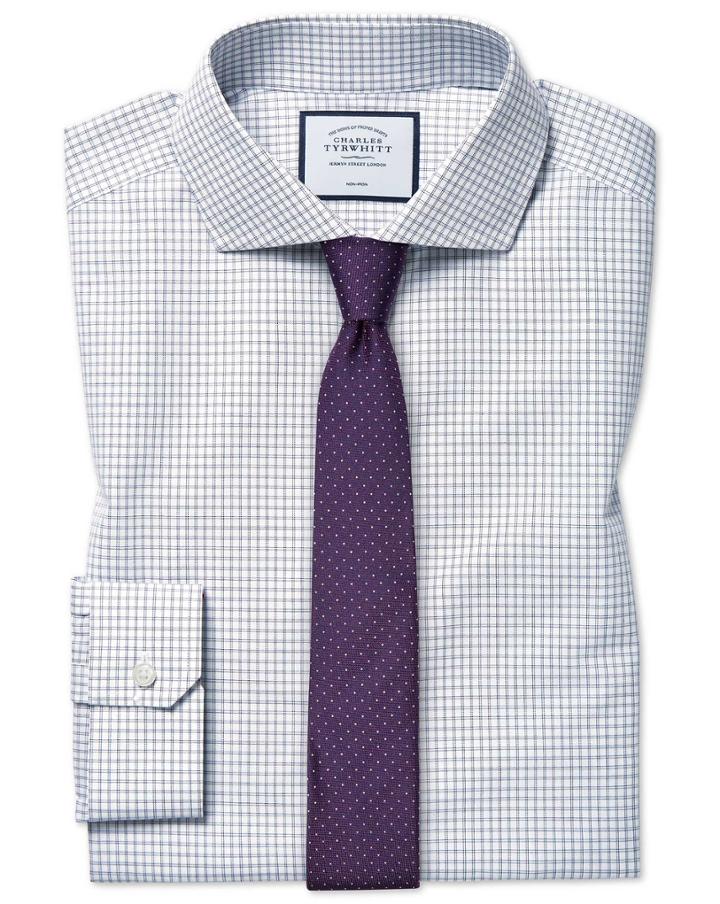  Super Slim Fit Non-iron 4-way Stretch Navy Cotton Dress Shirt Single Cuff Size 14.5/32 By Charles Tyrwhitt