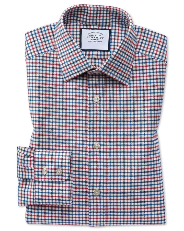  Slim Fit Red And Blue Country Check Cotton Dress Shirt Single Cuff Size 14.5/33 By Charles Tyrwhitt