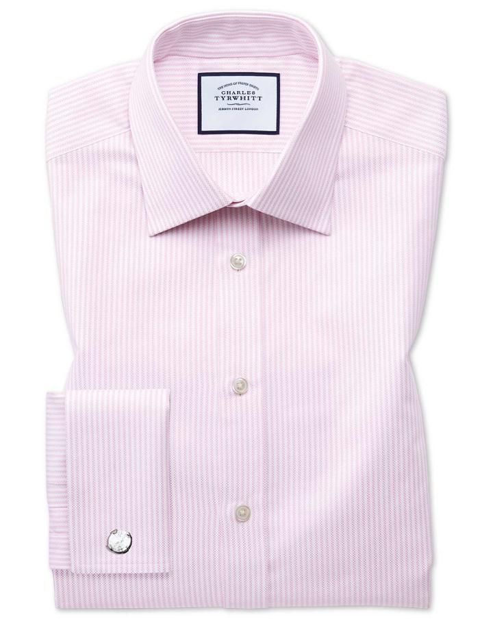  Slim Fit Egyptian Cotton Royal Oxford Pink And White Stripe Dress Shirt French Cuff Size 14.5/33 By Charles Tyrwhitt