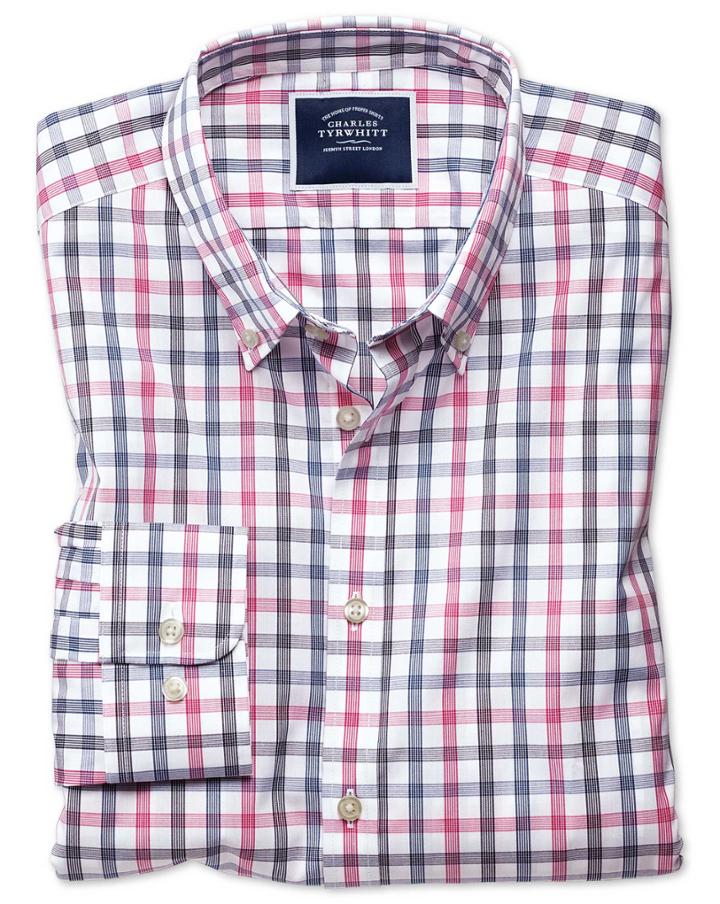  Extra Slim Fit Non-iron White And Pink Large Check Cotton Casual Shirt Single Cuff Size Xxl By Charles Tyrwhitt