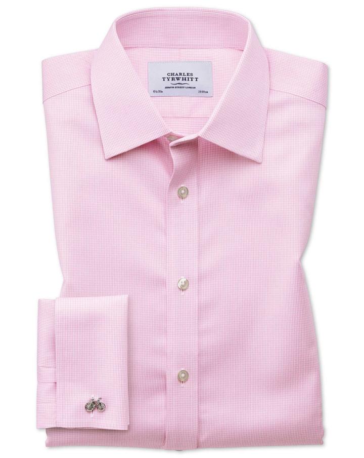 Charles Tyrwhitt Slim Fit Non-iron Puppytooth Light Pink Cotton Dress Shirt Single Cuff Size 14.5/33 By Charles Tyrwhitt