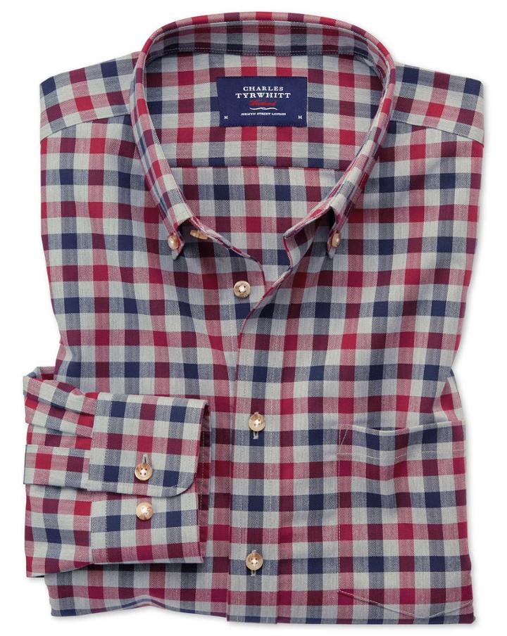 Charles Tyrwhitt Extra Slim Fit Button-down Non-iron Twill Red And Navy Blue Gingham Cotton Casual Shirt Single Cuff Size Large By Charles Tyrwhitt