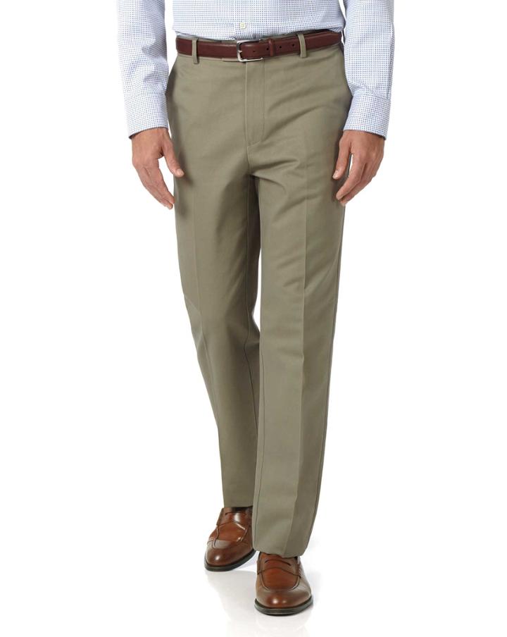 Charles Tyrwhitt Olive Classic Fit Flat Front Non-iron Cotton Chino Pants Size W32 L32 By Charles Tyrwhitt