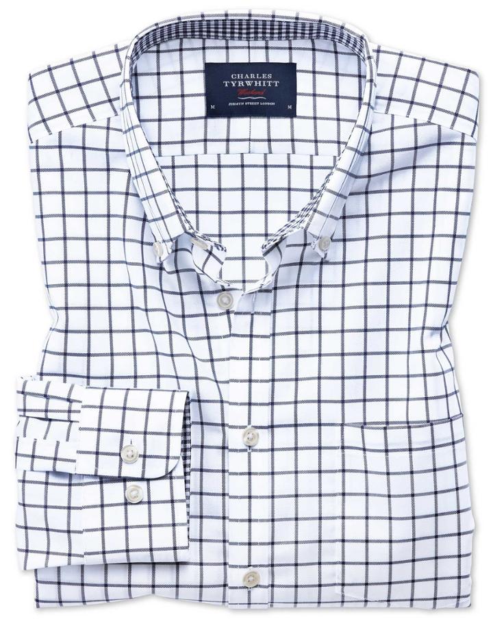 Charles Tyrwhitt Slim Fit Button-down Non-iron Oxford Navy Windowpane Check Cotton Casual Shirt Single Cuff Size Medium By Charles Tyrwhitt