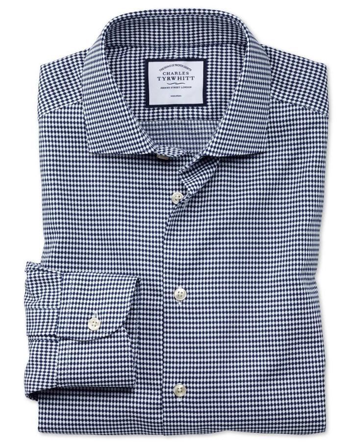  Slim Fit Business Casual Non-iron Navy Oval Dobby Cotton Dress Shirt Single Cuff Size 15.5/34 By Charles Tyrwhitt