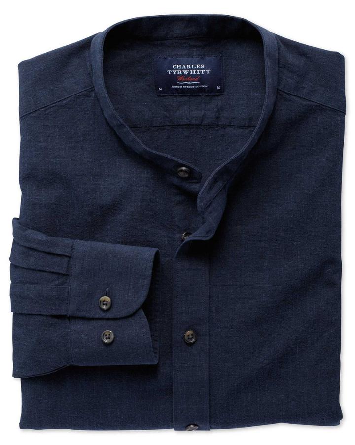 Charles Tyrwhitt Charles Tyrwhitt Slim Fit Navy Grandad Collar Shirt