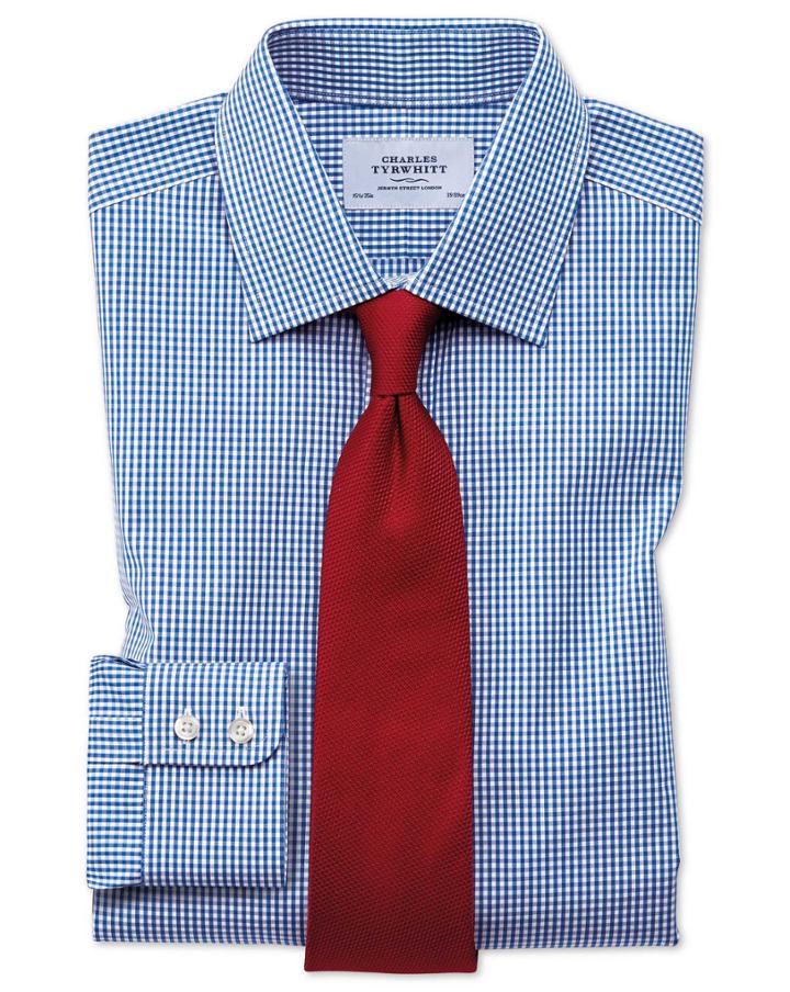 Extra Slim Fit Small Gingham Navy Blue Cotton Dress Shirt French Cuff Size 14.5/33 By Charles Tyrwhitt