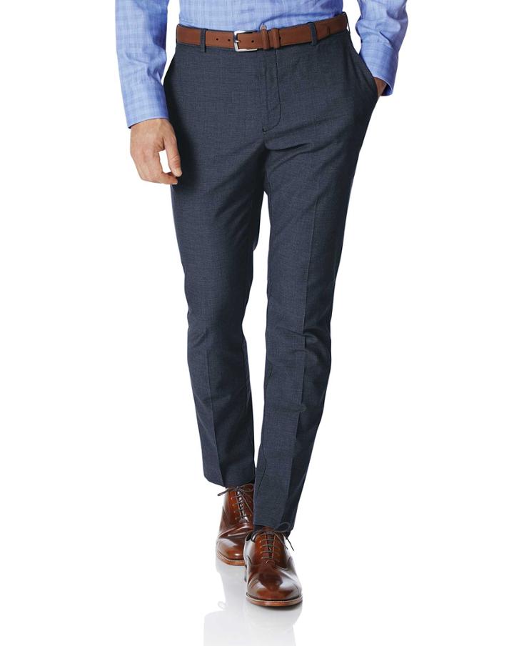  Navy Extra Slim Fit Stretch Non-iron Cotton Tailored Pants Size W30 L32 By Charles Tyrwhitt