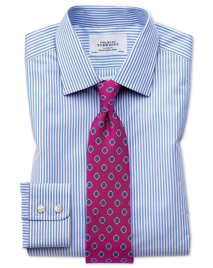  Classic Fit Bengal Stripe Sky Blue Cotton Dress Shirt French Cuff Size 17/34 By Charles Tyrwhitt