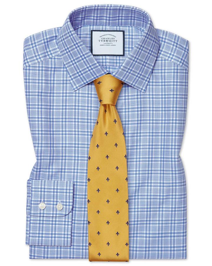  Slim Fit Brushed-back Basketweave Blue Check Cotton Dress Shirt Single Cuff Size 15/33 By Charles Tyrwhitt