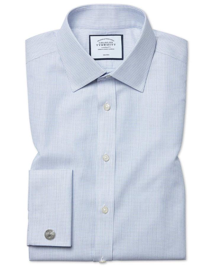  Slim Fit Non-iron Dash Weave Blue Cotton Dress Shirt French Cuff Size 14.5/33 By Charles Tyrwhitt