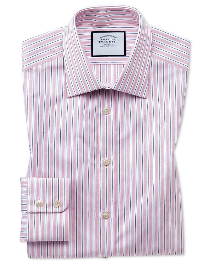  Slim Fit Egyptian Cotton Poplin Pink Stripe Dress Shirt Single Cuff Size 14.5/33 By Charles Tyrwhitt