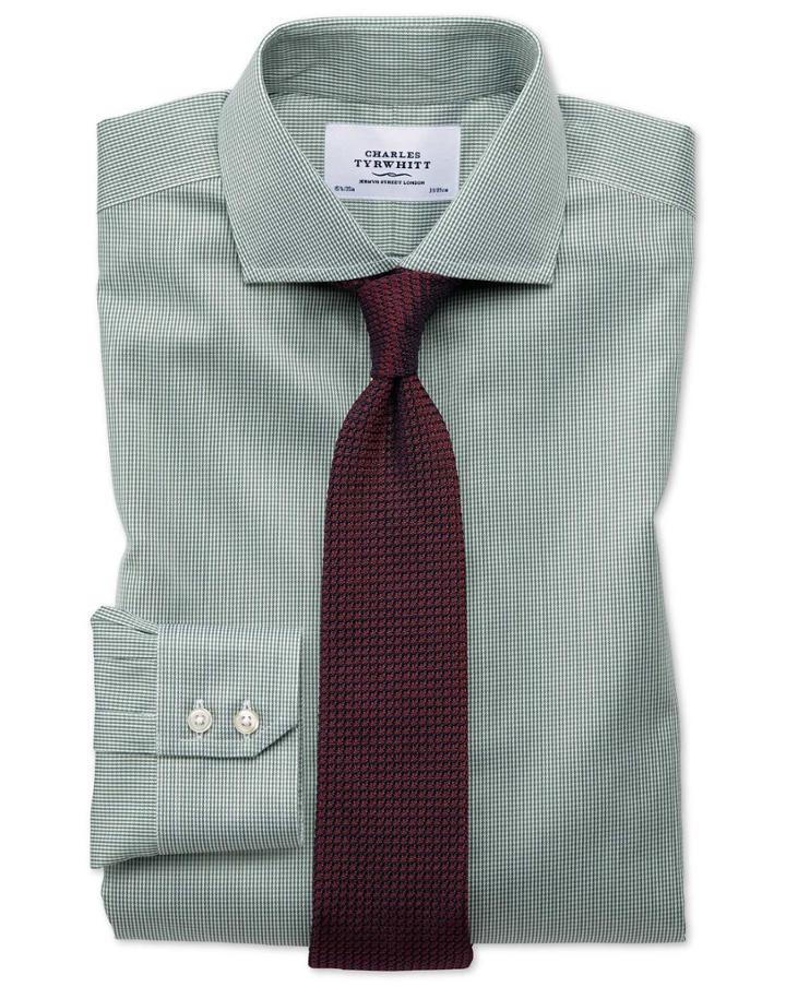 Charles Tyrwhitt Extra Slim Fit Spread Collar Non-iron Puppytooth Olive Cotton Dress Casual Shirt French Cuff Size 14.5/32 By Charles Tyrwhitt