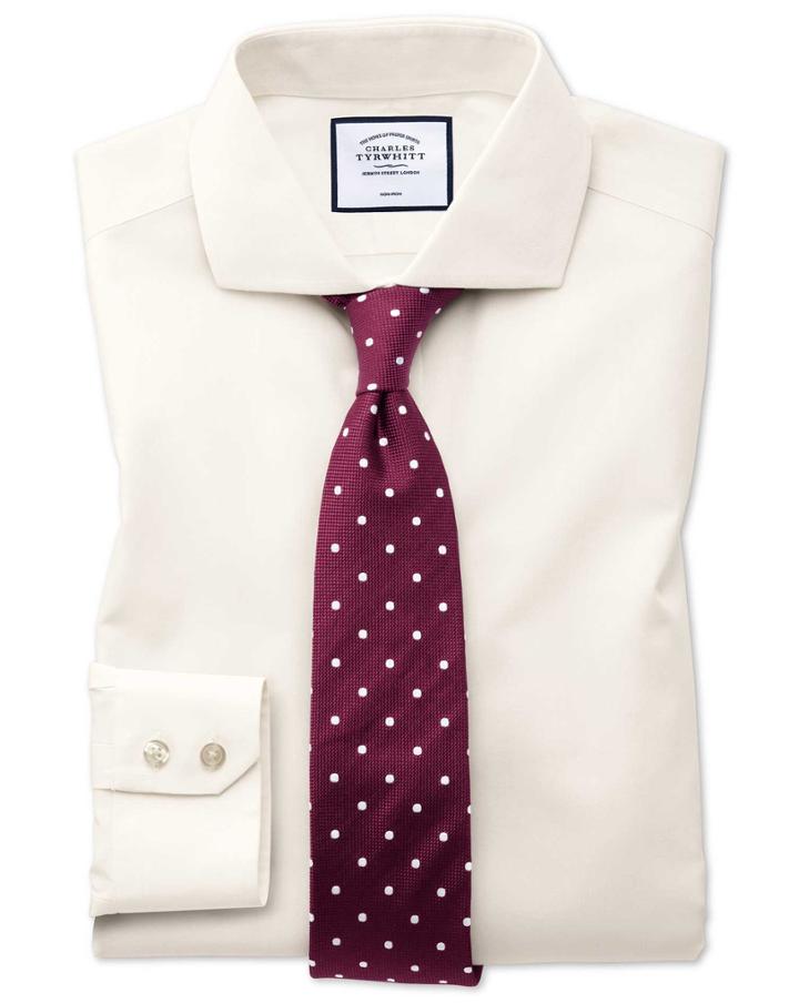  Extra Slim Fit Cream Non-iron Poplin Spread Collar Cotton Dress Shirt Single Cuff Size 15.5/34 By Charles Tyrwhitt