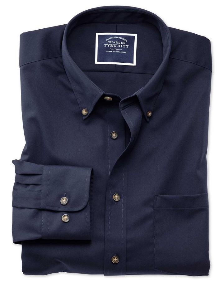 Charles Tyrwhitt Slim Fit Button-down Non-iron Twill Navy Cotton Casual Shirt Single Cuff Size Large By Charles Tyrwhitt