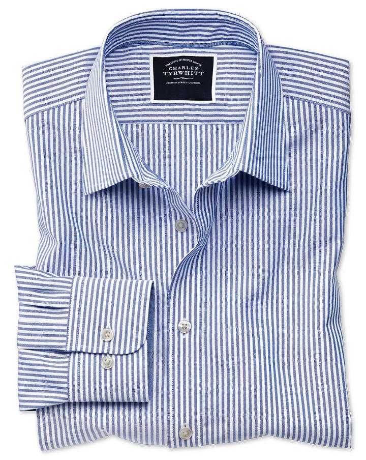  Slim Fit Non-iron Royal Blue Bengal Stripe Oxford Cotton Casual Shirt Single Cuff Size Large By Charles Tyrwhitt