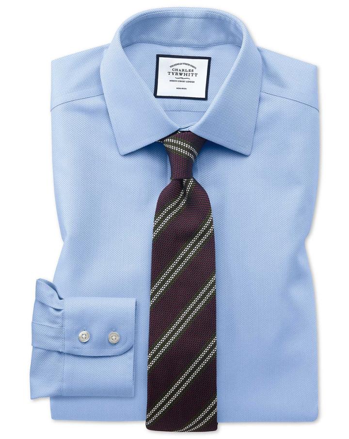  Classic Fit Non-iron Sky Blue Arrow Weave Cotton Dress Shirt Single Cuff Size 15/33 By Charles Tyrwhitt