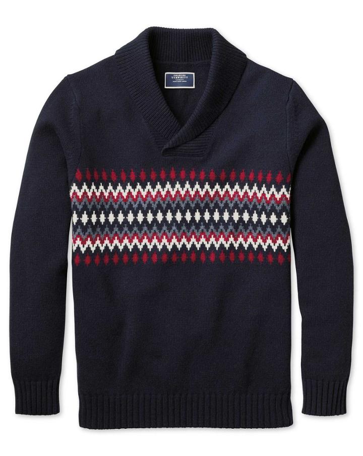  Navy And Red Shawl Collar Fair Isle Wool Sweater Size Large By Charles Tyrwhitt