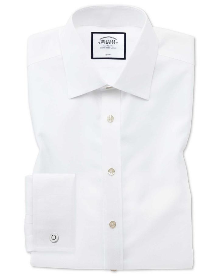  Classic Fit Non-iron White Royal Panama Cotton Dress Shirt French Cuff Size 15.5/32 By Charles Tyrwhitt