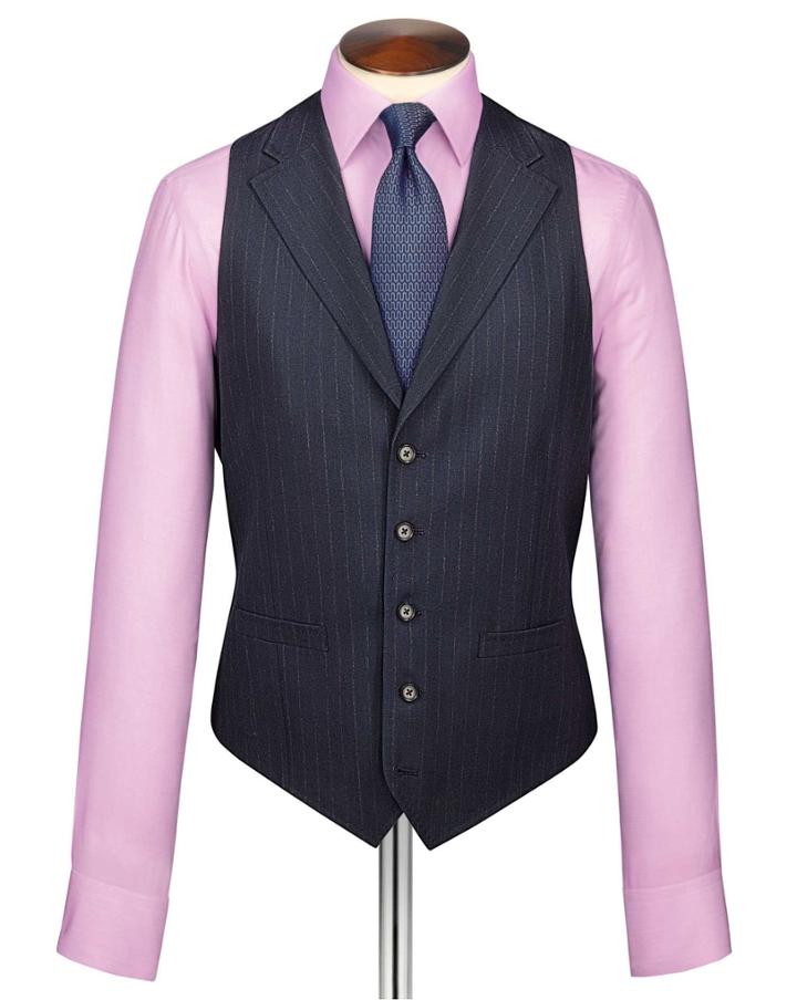Charles Tyrwhitt Charles Tyrwhitt Dark Blue Stripe Flannel Business Suit Wool Vest Size W36