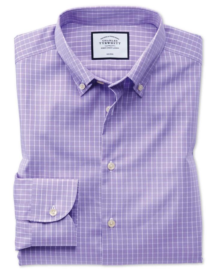  Classic Fit Business Casual Non-iron Button-down Lilac Cotton Dress Shirt Single Cuff Size 15.5/33 By Charles Tyrwhitt