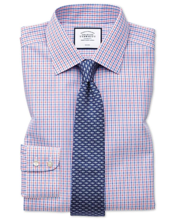 Classic Fit Non-iron Blue And Red Check Cotton Dress Shirt French Cuff Size 15/33 By Charles Tyrwhitt