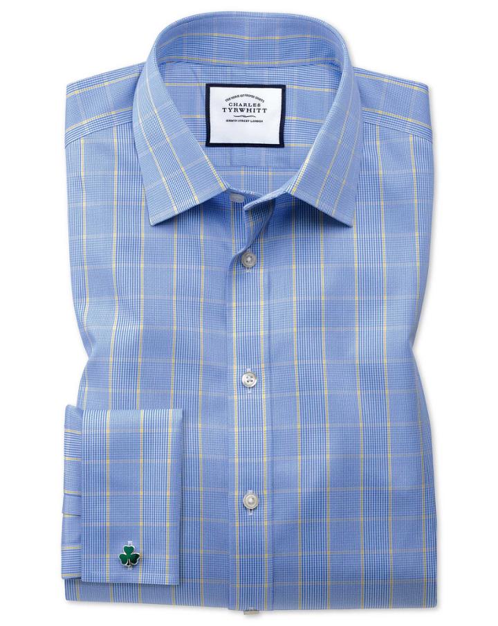 Charles Tyrwhitt Classic Fit Non-iron Prince Of Wales Blue And Gold Cotton Dress Shirt French Cuff Size 15/33 By Charles Tyrwhitt