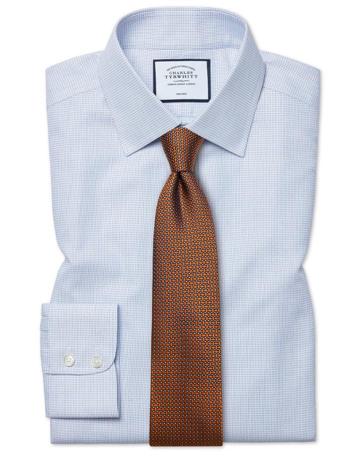  Slim Fit Non-iron Dash Weave Blue Cotton Dress Shirt Single Cuff Size 14.5/32 By Charles Tyrwhitt
