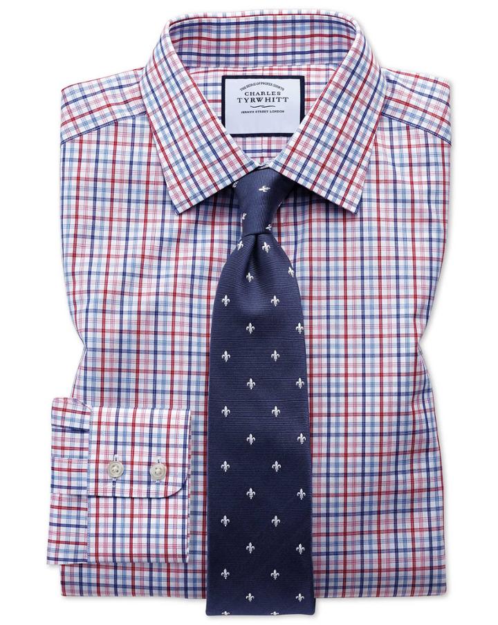  Extra Slim Fit Poplin Multi Red Check Cotton Dress Shirt French Cuff Size 14.5/33 By Charles Tyrwhitt