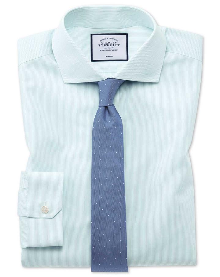  Super Slim Fit Non-iron Tyrwhitt Cool Poplin Aqua Cotton Dress Shirt Single Cuff Size 14.5/32 By Charles Tyrwhitt