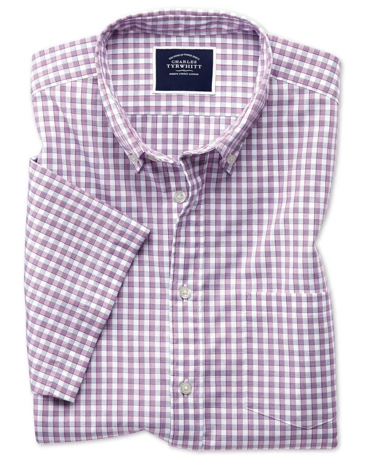  Slim Fit Berry Short Sleeve Gingham Soft Washed Non-iron Tyrwhitt Cool Cotton Casual Shirt Single Cuff Size Large By Charles Tyrwhitt