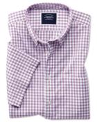  Slim Fit Berry Short Sleeve Gingham Soft Washed Non-iron Tyrwhitt Cool Cotton Casual Shirt Single Cuff Size Large By Charles Tyrwhitt