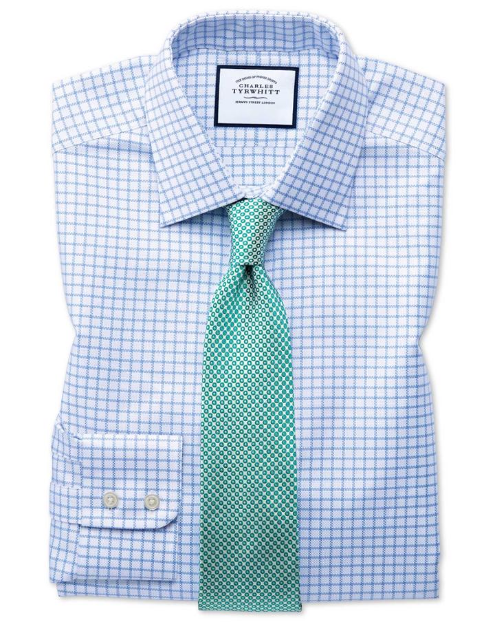  Slim Fit Egyptian Cotton Royal Oxford Sky Blue Check Dress Shirt Single Cuff Size 14.5/33 By Charles Tyrwhitt