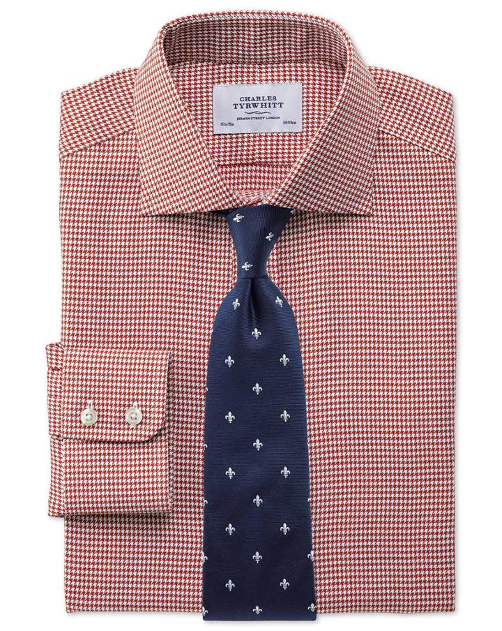  Slim Fit Semi-spread Collar Melange Puppytooth Copper Cotton Dress Shirt Single Cuff Size 16/34 By Charles Tyrwhitt