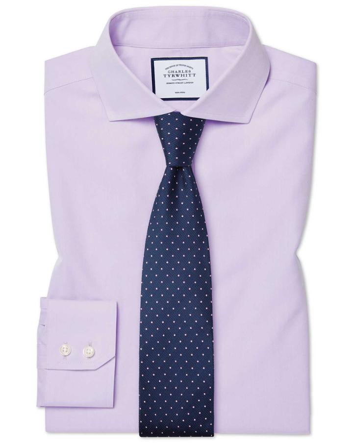  Extra Slim Fit Non-iron Cutaway Collar Poplin Lilac Cotton Dress Shirt Single Cuff Size 14.5/32 By Charles Tyrwhitt