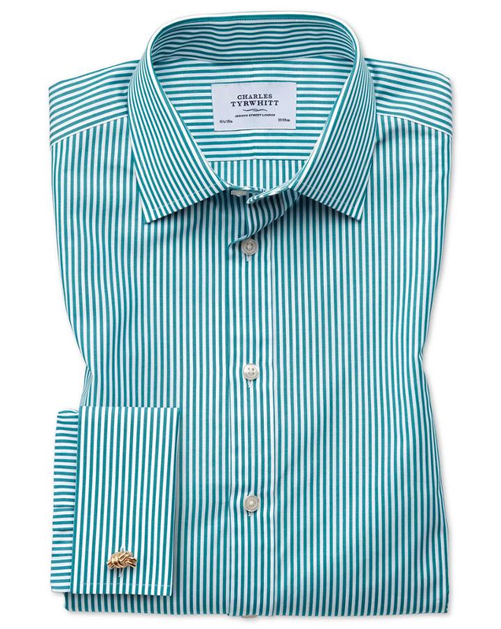 Charles Tyrwhitt Slim Fit Bengal Stripe Green Cotton Dress Shirt Single Cuff Size 15/33 By Charles Tyrwhitt