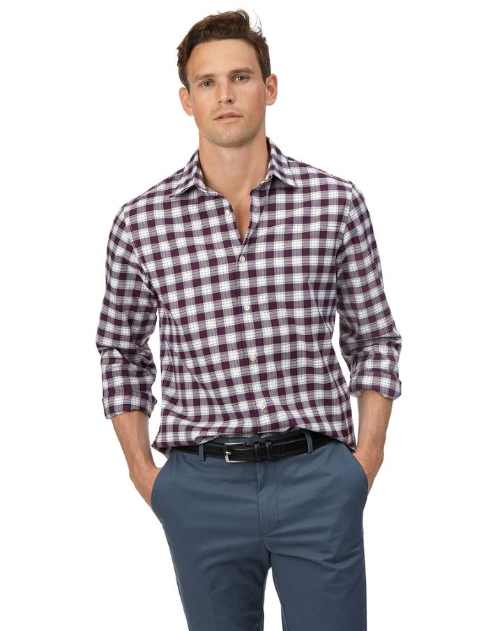  Slim Fit Berry And White Check Soft Wash Non-iron Stretch Oxford Cotton Casual Shirt Single Cuff Size Medium By Charles Tyrwhitt