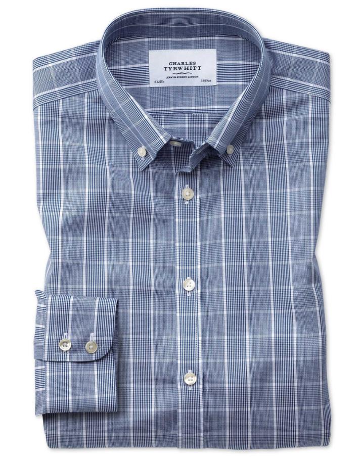 Charles Tyrwhitt Extra Slim Fit Button-down Non-iron Prince Of Wales Navy Blue And White Cotton Dress Shirt Single Cuff Size 15/33 By Charles Tyrwhitt