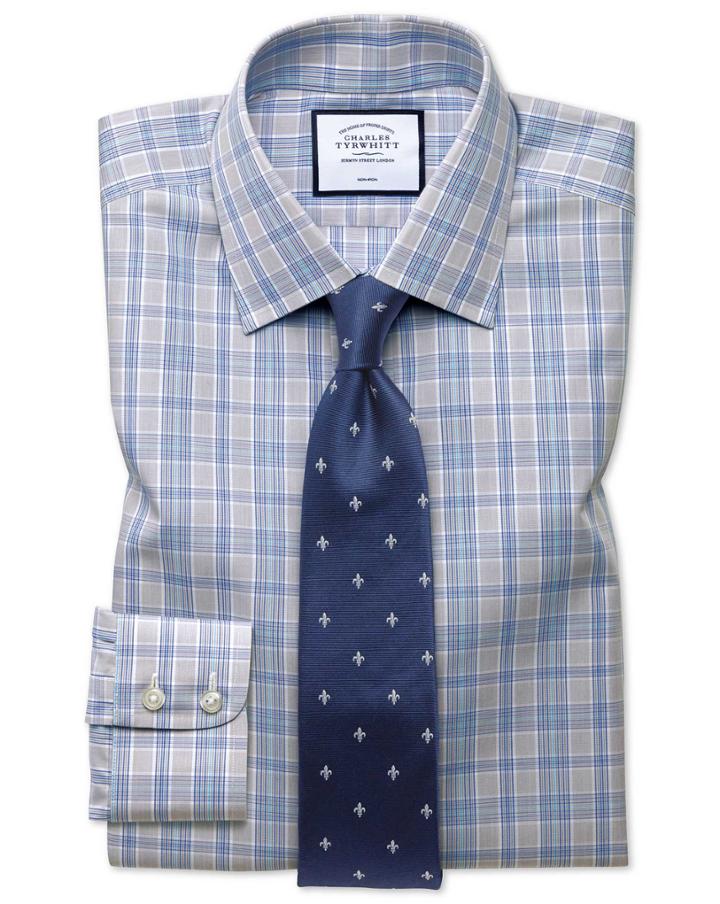  Classic Fit Non-iron Prince Of Wales Grey And Aqua Cotton Dress Shirt French Cuff Size 15.5/33 By Charles Tyrwhitt