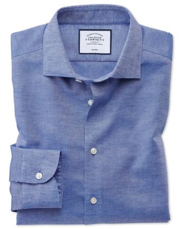  Slim Fit Business Casual Non-iron Cotton Linen Blue Dress Shirt Single Cuff Size 15.5/35 By Charles Tyrwhitt