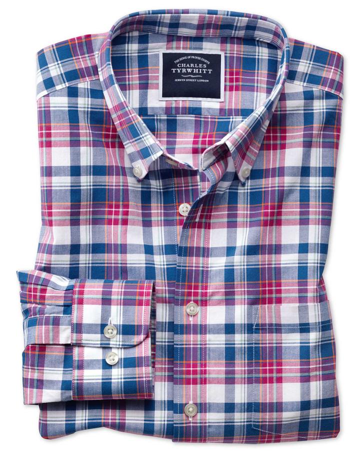  Classic Fit Poplin Pink And Navy Cotton Casual Shirt Single Cuff Size Large By Charles Tyrwhitt